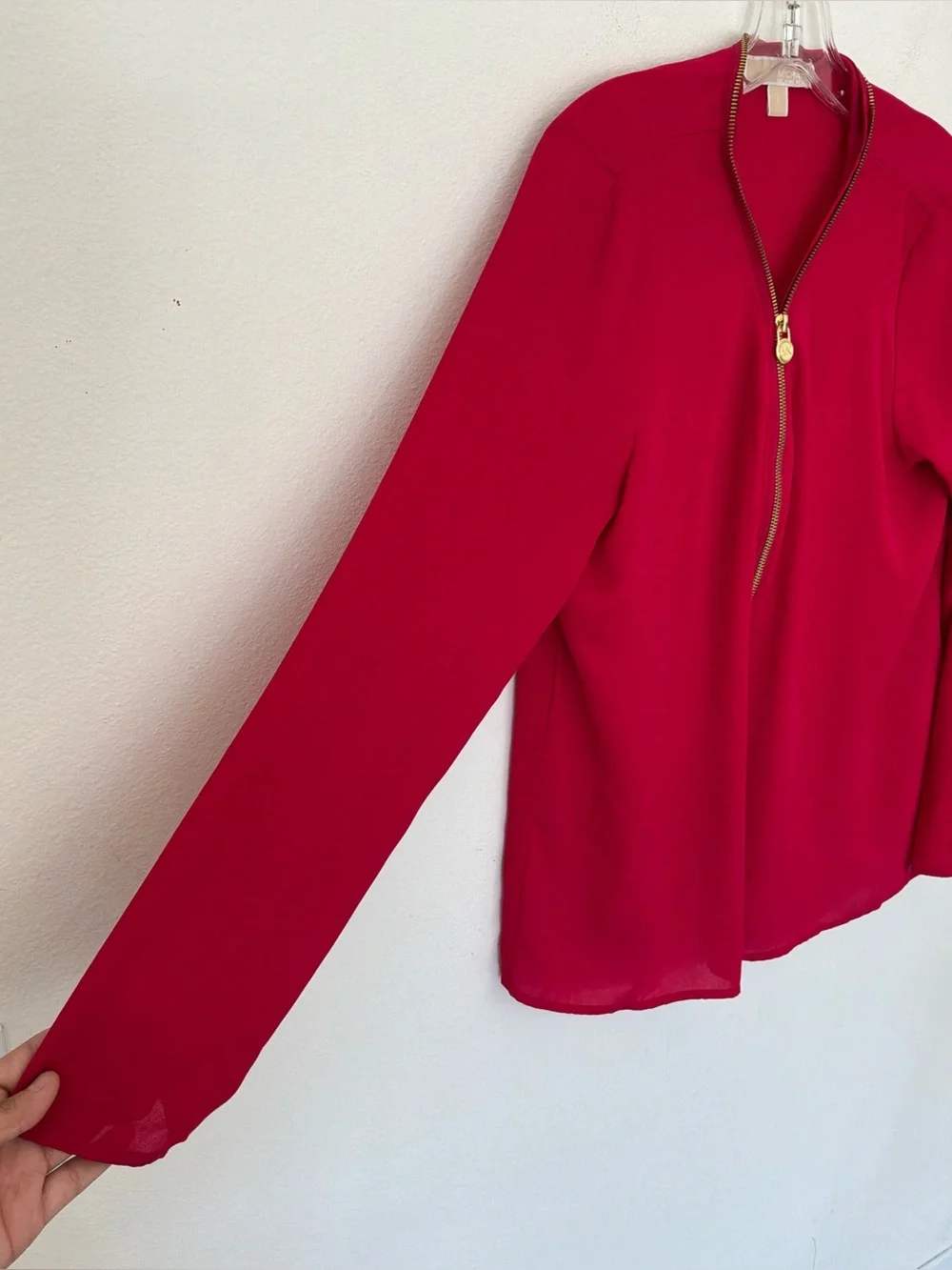 Michael Michael Kors Women’s Large Red Gold Zip Long Sleeve Blouse Top